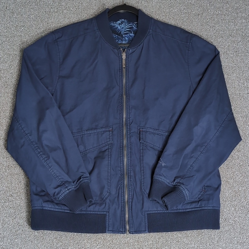 Tommy Bahama Fez Front Reversible Bomber Jacket Navy Palm Print Size Large